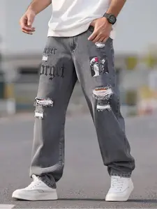 Men's Street Style Loose Straight Jeans, Graphic Jeans, Angel Wings & Portrait Print Ripped Design, Washed Denim Casual Long Pants, No Stretch Fabric