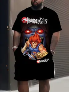 Men's Large Size 3D Digital Print Set, Round Neck T-Shirt and Pocket Drawstring Shorts, Casual Sportswear Outfit for All Seasons