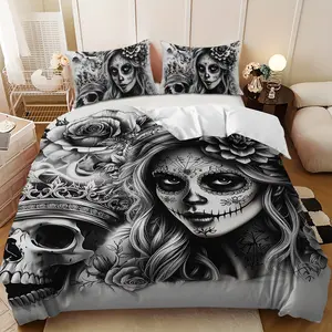 Bedding 3-piece set - Decorative bedding set, 3PCS,Black and white sugar skull floral design down comforter set (1 duvet cover + 2 pillowcases, filling not included).soft and comfortable, suitable for family bedrooms.