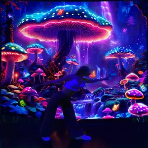 Large Size Mushroom Forest Pattern Fluorescent Decoration Tapestry - Waterfall UV Blacklight Design Hanging Multicolor Wall Decor for Living Room, Bedroom & Office