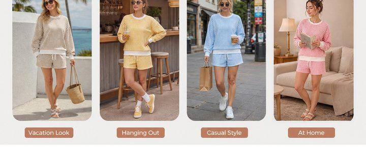 Fisoew Women's 2-Piece Gingham Plaid Loungewear Set - Crew Neck Ribbed Oversized Balloon Sleeve Sweatshirt & Adjustable Drawstring Aesthetic Beach Bottom Shorts, Nightwear