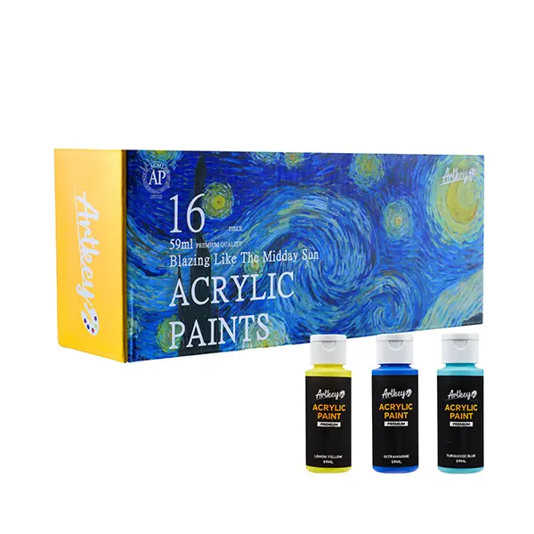Artkey Acrylic Paint Set, 16 Colors 2 oz/59 ml Acrylic Paint Kit for Professional Artists & Beginners – Van Gogh Inspired “The Burning Sun” Palette for Canvas, Wood, Fabric, Rock, Leather, Ceramic, Glass