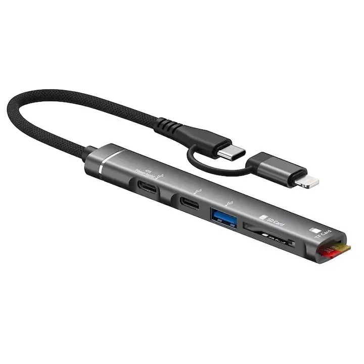 5-in-1 Multi-Function USB Hub Station with Type C Lightning Adapter, Micro SD Card Reader, Charging Station, Multi-Port Data Transfer & Card Reading for Universal Cell Phone