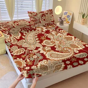 Vintage Paisley Fitted Sheet Set and 2 Pillowcases No Core, Wine Red Base, Cashew Pattern & Floral and Leaf Patterns, Soft Anti-Slip Bedding, Exotic Ethnic Style Bohemian Home Decor, Gift Choice