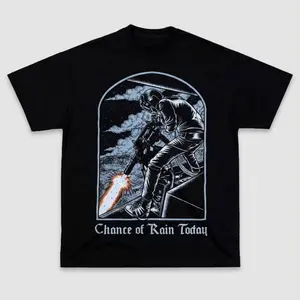 Chance of Rain Today Shirt, Funny Military Humor Tee, Minigun Bullet Rain Graphic, Dark Humor Streetwear, Gothic Font Design