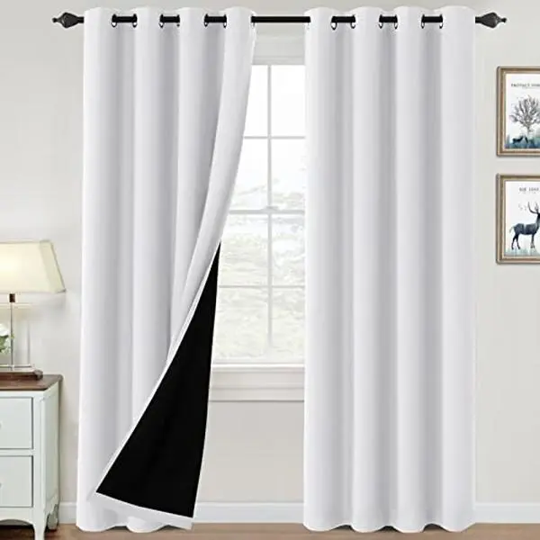 100% Blackout Curtains for Bedroom Thermal Insulated Blackout Curtains 108 inch Length Heat and Full Light Blocking Curtains Window Drapes for Living Room with Black Liner 2 Panels Set, Pure White