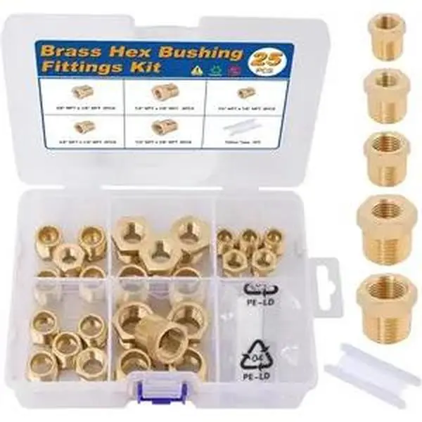 25 count Brass Hex Bushing Kit Brass Fittings Assortment 1/4" to 1/8", 3/8" to 1/8", 3/8" to 1/4", 1/2" to 1/4", 1/2" to 3/8" NPT Reducer Pipe Fittings Adapter Fitting 25 count Brass Hex Bushing Kit Brass Fittings Assortment 1/4" to 1/8", 3/8" to 1/8", 3/8" to 1/4", 1/2" to 1/4", 1/2" to 3/8" NPT Reducer Pipe Fittings Adapter Fitting