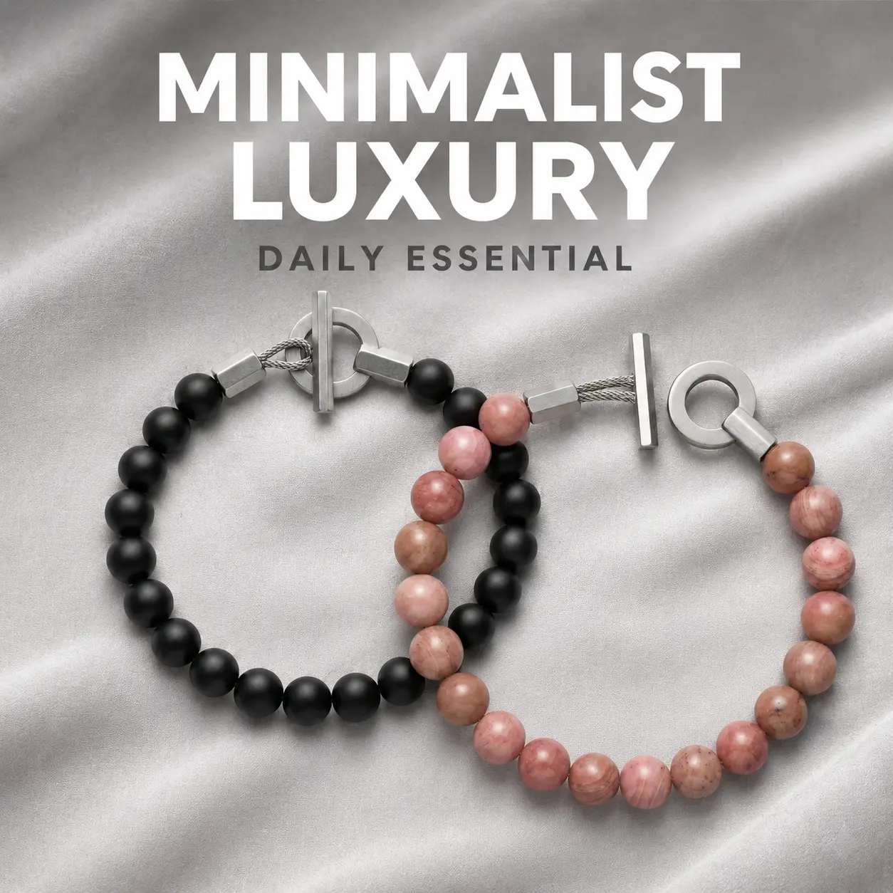 COSMAVON Minimalist Luxury Natural Crystal Couple Bracelet Set, Matte Black & Pink Gemstone Beaded Bracelets with Stainless Steel Clasp, for Birthday, Valentine, Daily Wear (18 Years and Above)