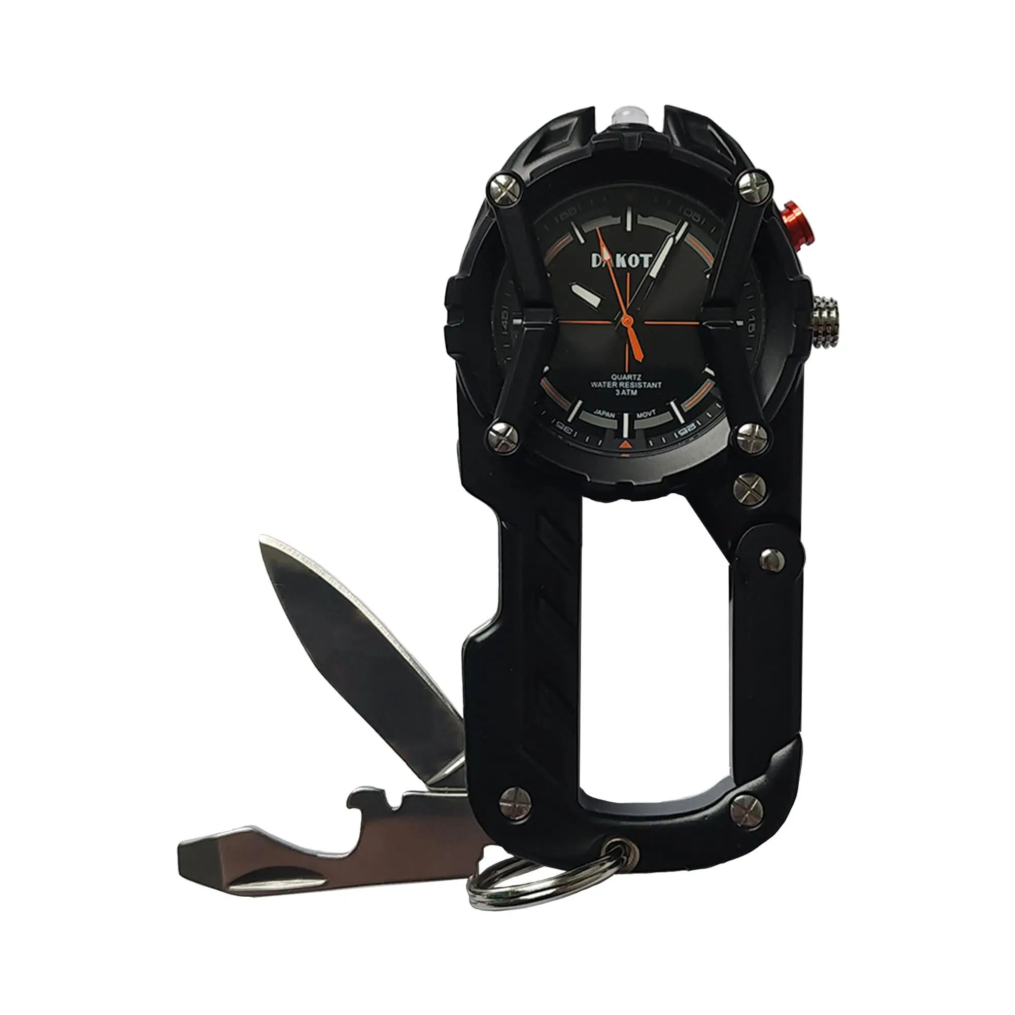 Multitool Clip Watch for Men – Black | 100ft Water Resistant Clip-On Watch with LED Light, Bottle Opener, Screwdriver & Carabiner – Outdoor Work, Camping, Hiking Tool