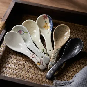 Japanese-Style Hand-Painted Underglaze Ceramic Spoons Set, Long Handle Design for Elegant Dining Experience, Perfect for Soup & Dessert