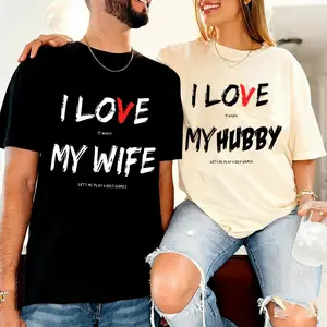 I Love My Hubby I Love My Wife Couple T-Shirts Matching Outfits Fashion Women Men Short Sleeve Tees for Anniversary Gifts
