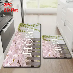 2/3 Piece Flannel Kitchen Mat Set, Faux Wood Fence & Sakura Print, Non-Slip Bottom, Absorbent, Ideal for Kitchen Bathroom Laundry Hallway, Floral Area Rug