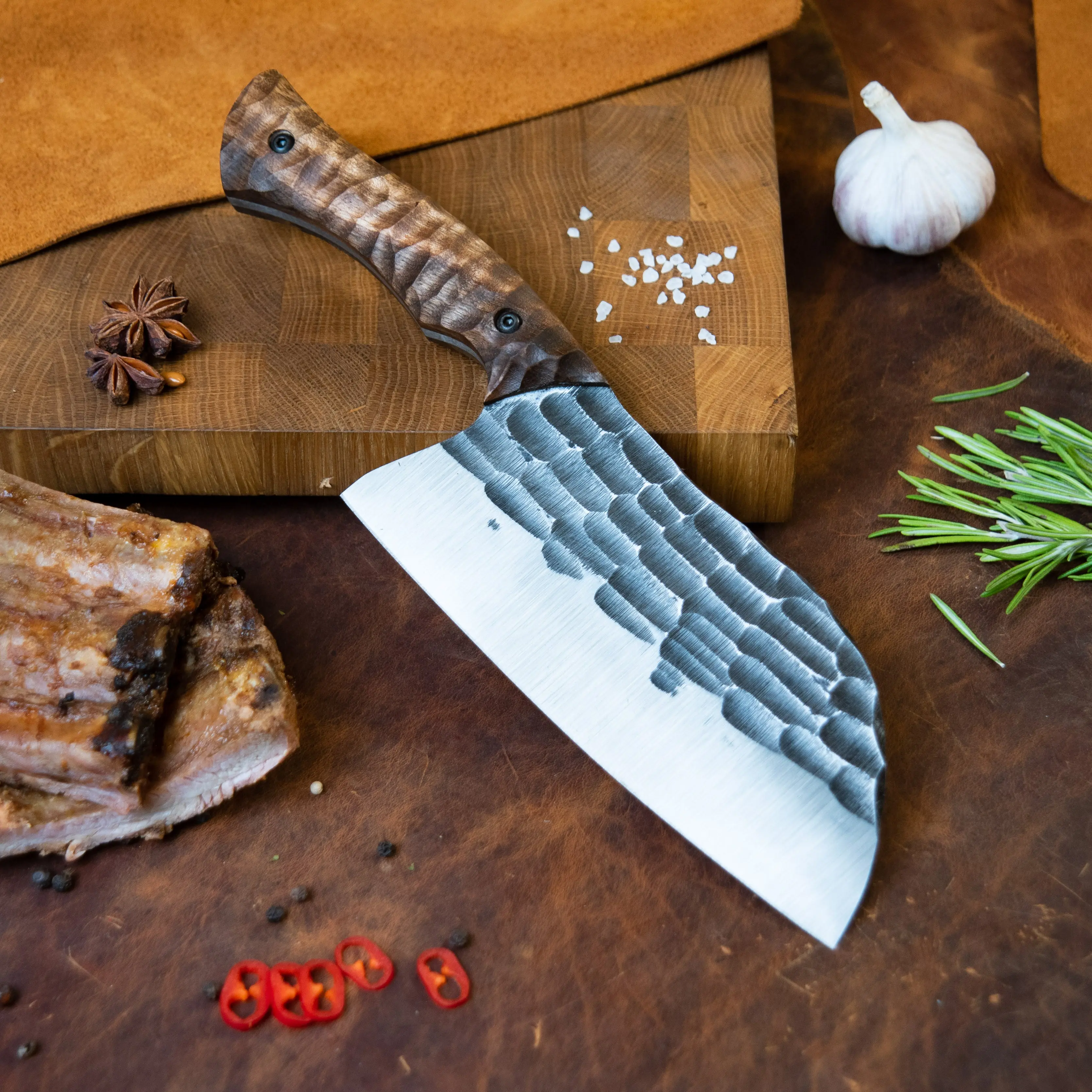 Handcrafted Textured Steel Kitchen Cleaver Knives - Walnut Handle, Traditional Craft, Blade Length:175 mm, Personalized Custom Engraving Gift Option for Adults, Ideal for Meat Cutting, Outdoor Cooking