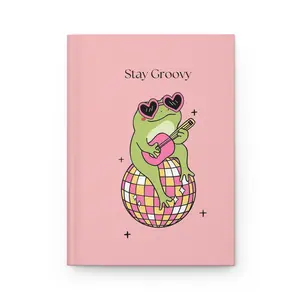 Hardcover Journal, Office Stationery Notebook with Stay Groovy Frog on Disco Ball, Pink Retro Vibe, Lay-Flat Bind, Perforated Pages