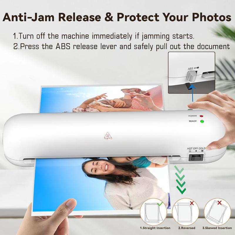 Laminator Machine 9-Inch Portable Thermal Laminater with Hot & Cold Modes, A4 Small Laminating Machine with ABS Jam-Release, 3-Min Warm-Up, 6-in-1 Photo Laminator Kit for Home Office and Class, White