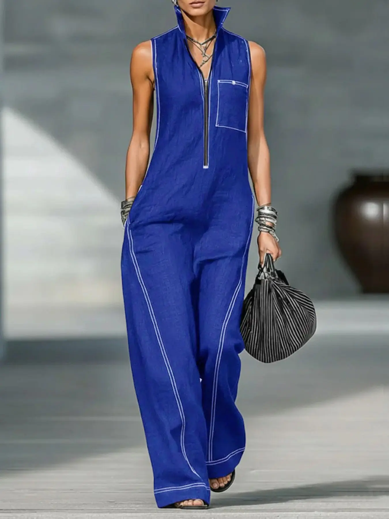 Women's Casual Style Stand Collar Sleeveless Zipper Jumpsuit, Comfortable Solid Color Loose-Fit Minimalist Jumpsuit for Summer, Suitable for Commute and Party