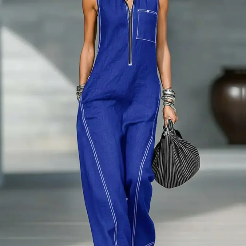 Women's Casual Style Stand Collar Sleeveless Zipper Jumpsuit, Comfortable Solid Color Loose-Fit Minimalist Jumpsuit for Summer, Suitable for Commute and Party, Fashion Jumpsuit