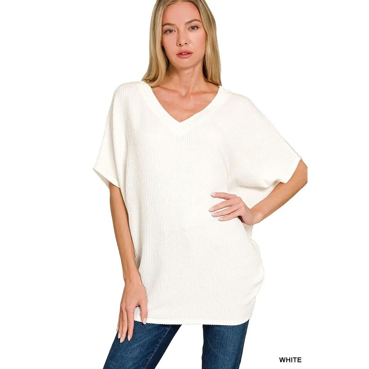 Women's Zenana Raised Rib V-Neck Batwing Short-Sleeve Top, Spandex-Rayon Fabric, Comfortable Stretchy Womenswear T-Shirt