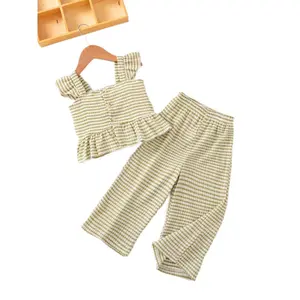 Girls' Knitted Stretchy Fashion Two-Piece Set, Waffle Sleeveless Ruffle Top and Wide-Leg Pants, Party or Valentine's Day Gift, Suitable for 3-8 Year Olds