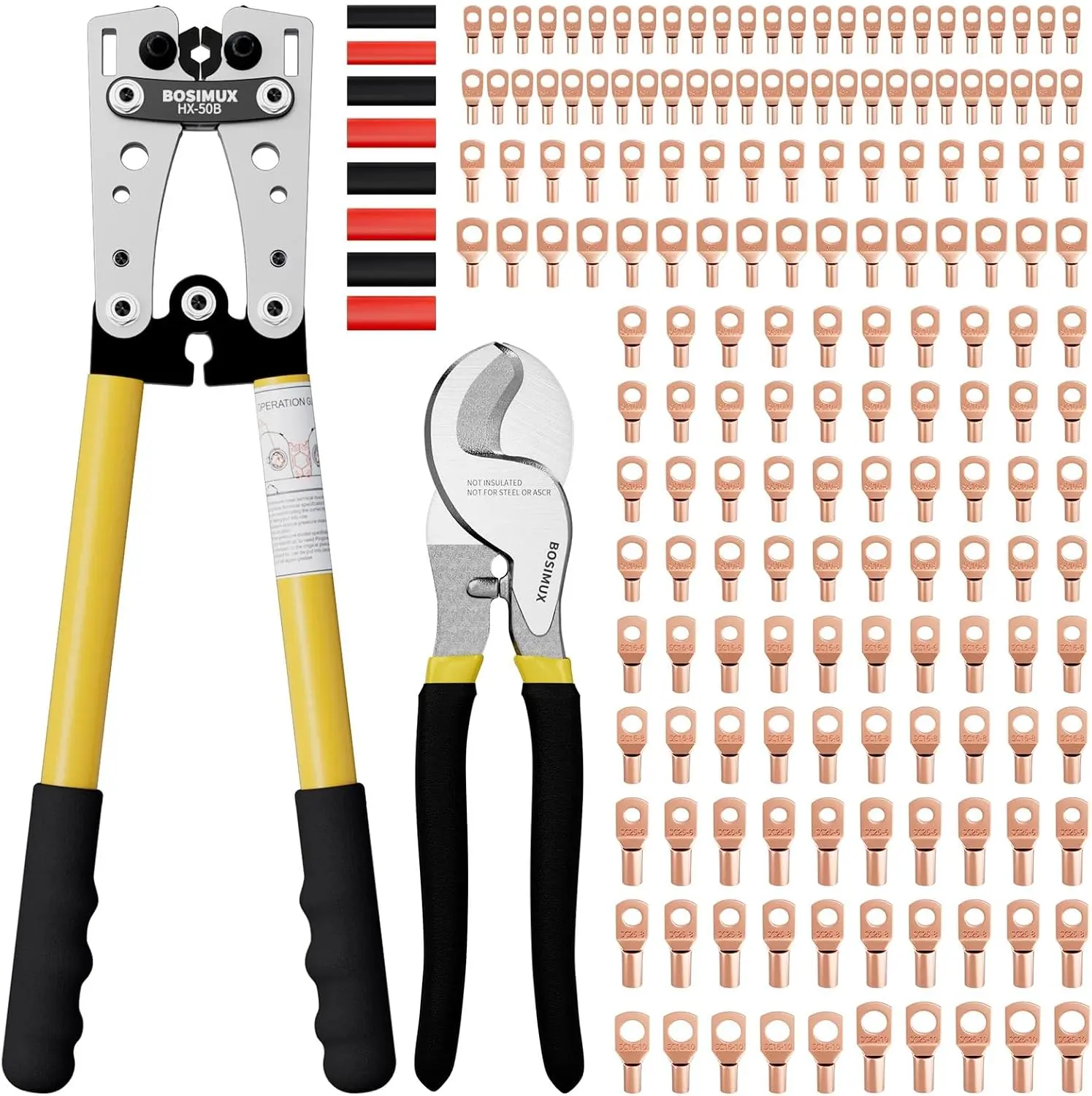 Battery Cable Crimper AWG10-1/0, Wire Cutter, 78pcs Ring Terminals, Electrical Wire Crimping Tool AWG 10 8 6 4 2 1/0, 110pcs Heat Shrink Tubing, Copper Lugs Crimper for Marine/RV/Battery Wiring