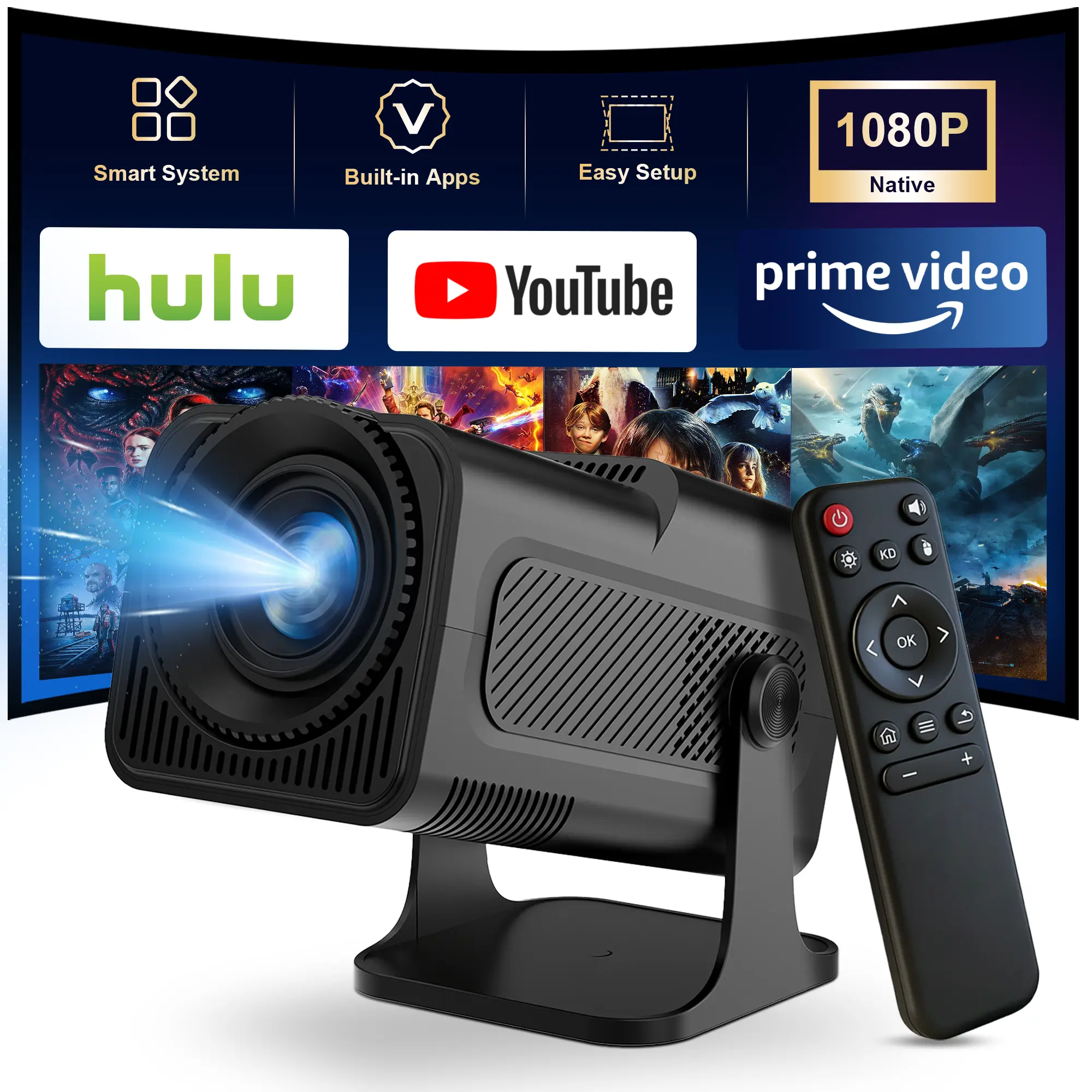 DEYSINN-Native 1080P Mini Projector with WiFi and Bluetooth, 4K Support Portable Projector, 300 ANSI, Auto Vertical Keystone, 5W Speaker, Built-in Apps 180° Rotatable Movie Home Theater Outdoor Proyector screen Bluetooth Mini Projector