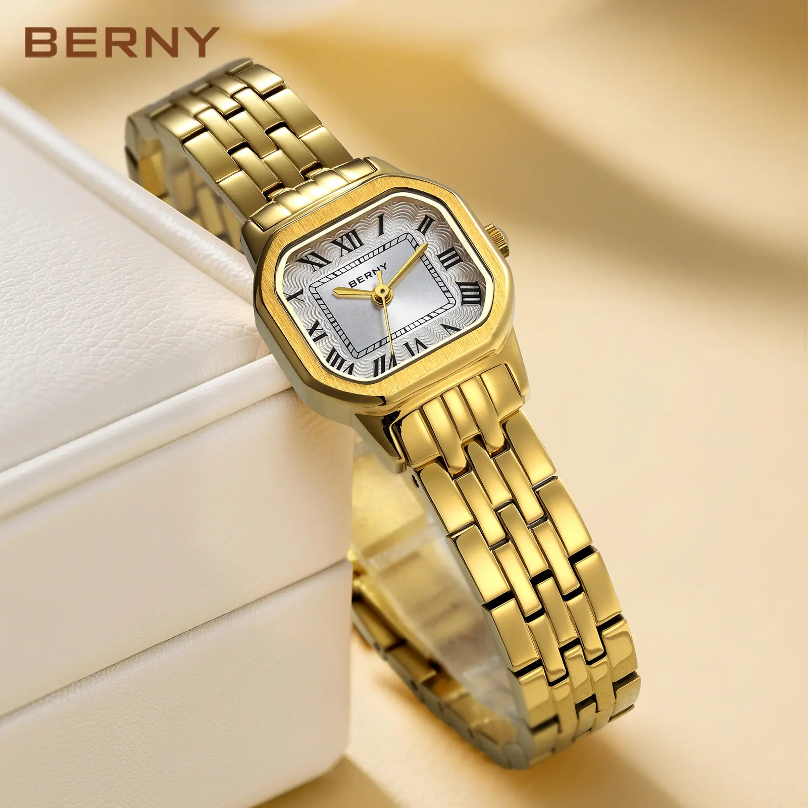 BERNY Gold Women's Watch - Vintage Elegant Square Quartz Bracelet Wristwatch, Fashionable Ladies' Watch, Durable Stainless Steel Band, 3ATM Waterproof, Adjustable Bracelet Tool Included, Classy Luxury Gift for Women, Reloj, Fashion Summer Accessories