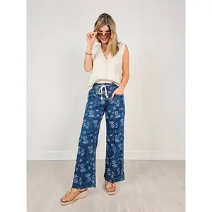 Wide Leg Floral Print Washed Denim Bottoms