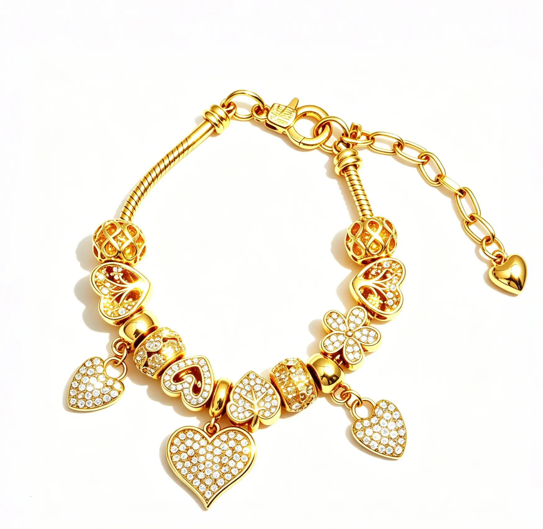 Gold Heart Crystal Charm Bracelet for Women, 14K Gold Plated Snake Chain Beaded Bracelet with Multi Heart Clover Leaf Pave Diamond Charms, Adjustable Extension Chain Fashion Jewelry Gift for Her