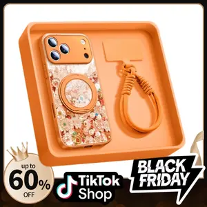 Floral Pattern Phone Case with Magnetic Ring Holder & Wrist Strap - Compatible with iPhone 13/14/15/16/17 Pro Max, Shockproof Protective Cover with Built-in Magnetic Stand