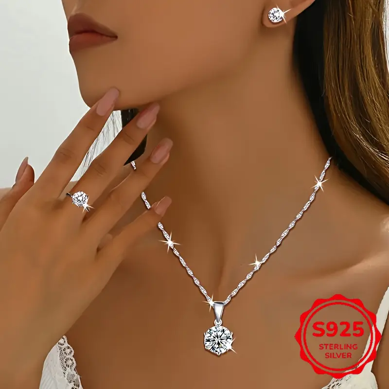 The Three-Piece 925 Silvery Moissanite Jewelry Set for Women Is Perfect for Weddings, Parties, And Daily Wear, Making It a Surprise for Christmas And Mother'S Day.