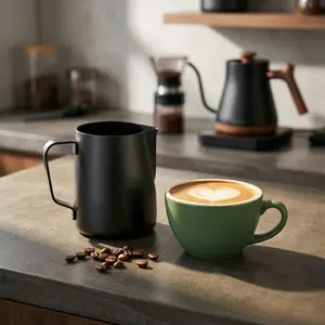 350ml Milk Frothing Pitcher - Matte Black Stainless Steel Steam Pitcher for Espresso, Latte Art & Cappuccino - 12oz Milk Steaming Cup with Ergonomic Handle & Dripless Spout for Baristas and Home Coffee Lovers