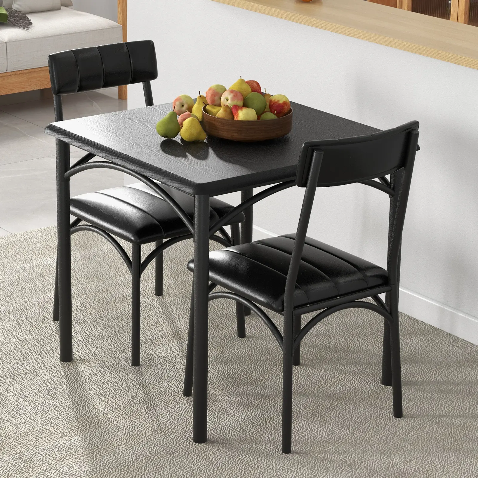 Industrial 3-Piece Dining Table Set - 2 PU Upholstered Chairs Dining Table, Easy Assembly Modern Multi-Piece Compact Space-Saving Kitchen Furniture for Small Spaces Breakfast Nook