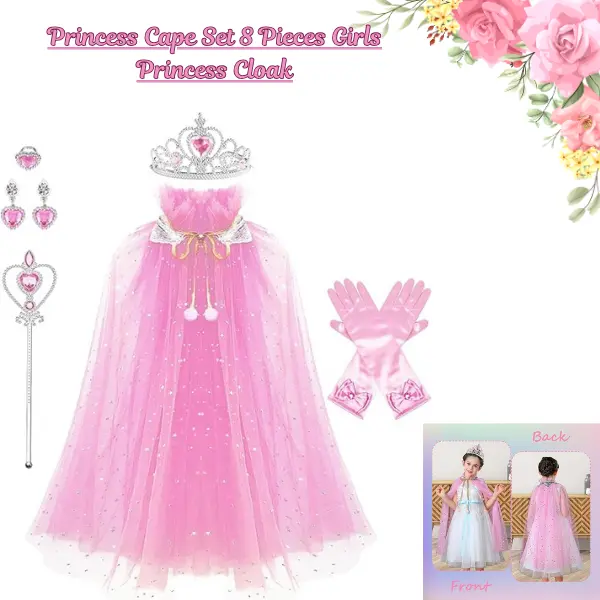 8PCS Princess Cape Dress Up Set for Girls Ages 3-8 – Fairy Princess Tulle Cloak with Crown, Wand & Accessories, Toddler Costume for Birthday Party, Pretend Play, Princess-Themed Events & Dress Up Fun