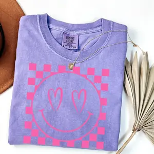 Comfort Colors Neon Heart Eyes Smiley Checkered Graphic Tee Cute Love Aesthetic Y2K Trendy Oversized Street Style Shirt