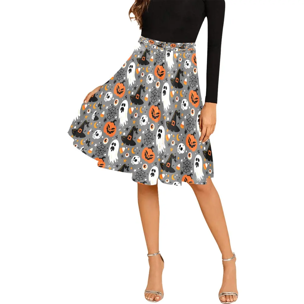 Women's Pleated--=%2=- halloween=%2=-- witchy print Midi Skirt (Model D15) halloween party Womenswear Casual Bottom Fitted