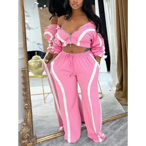 Women's Patchwork Long Sleeve Top & Wide Leg Pants Set, Casual Drawstring Waist, Fall Winter Fashion, Comfortable Daily Wear