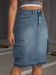 Women's Solid Flap Pocket Skirt, Casual Raw Hem Pocket Design High Waist Fit Knee Length Skirt for Daily Wear, Ladies Bottoms for All Seasons