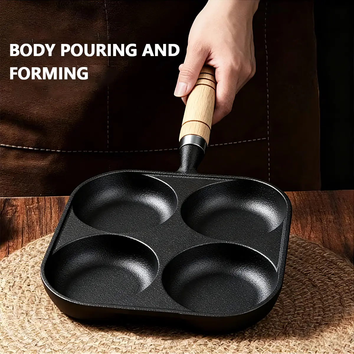 4-Hole Cast Iron Egg Burger Pan with Wooden Handle, Non-Stick Multi-Section Stovetop Skillet for Egg Pancake, Hamburger Making