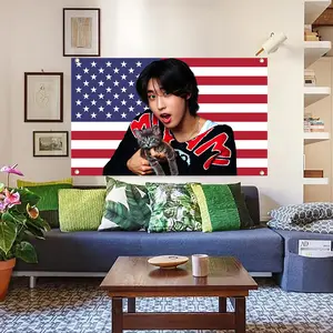 SKZ's Han with a Kitten USA Kpop Flag 3x5ft USA Tapestry 3x5ft for Dorm Bedroom Decorative Flag with Brass Grommet