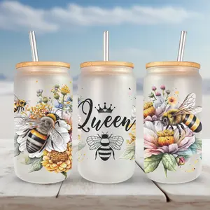 Queen Bee 16oz Beer Glass with Bamboo lid and Straw