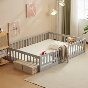 Full Size Wooden Playpen Bed with Gate and Guardrails for Kids Gray Painted Pine Childrens Cabin Bed with Slatted Base