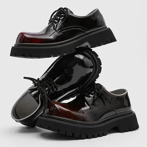Men’s Vintage Glossy Workwear Leather Shoes British Style Platform Chunky Toe