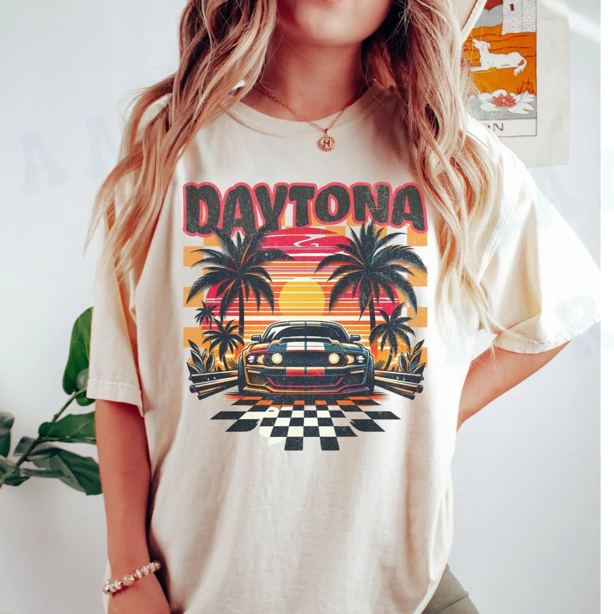 Daytona Florida Racing Retro Comfort Colors Shirt, Tropical Sunset Beachwear Tee, Summer Checkered Flag Palm Tree Top