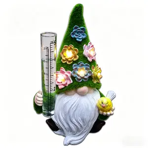 sangeren Solar Flower Gnome Rain Gauge Statue, LED Light Up Garden Gnome Figurine with Bird, Waterproof Outdoor Yard Lawn Patio Decor, Gardener Housewarming Gift