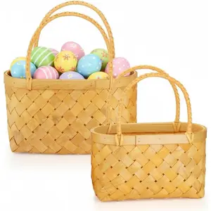 ZEAYEA 2 Pack Woodchip Picnic Basket with Handle, 2 Size Hand Woven Storage Baskets for Flower, Egg Gathering, Garden Harvest, Gift Basket for Easter, Hall