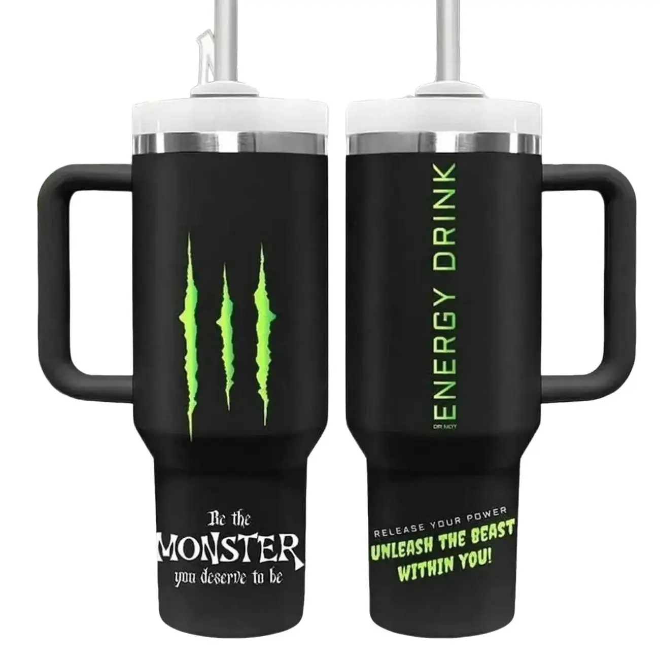 Monster Energy Inspired 40oz Tumbler with Handle & Straw, Stainless Steel Insulated Travel Mug, Green Black Gym Cup, Gamer Gift, Vacuum Water Bottle