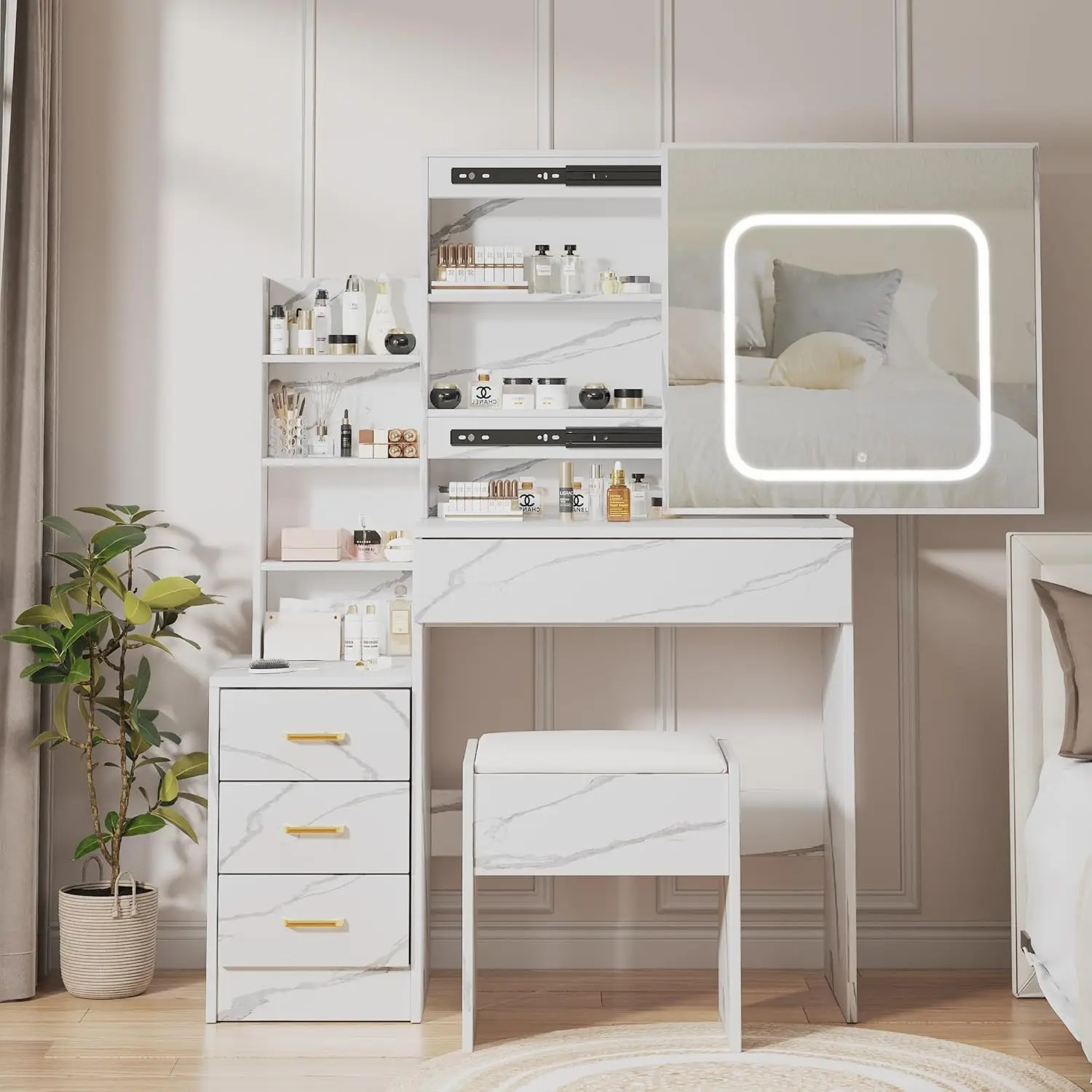 Marble-White Vanity Desk with Sliding LED Mirror, Built-in Power Outlet, 4 Built-in Drawers for Drawer Organization, Stool, Open Shelves, 3 Color Lighting Modes, Adjustable Brightness, Bedroom LED Vanity Dressing Table, Vanity Organization, Contemporary