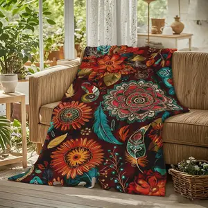 Boho Flannel Throw Blanket, Mandala Feather Sunflower Tribal Pattern Soft Warm Cozy Nap Blanket for Couch Bed Sofa Wall Hanging, Vintage Bohemian Gift for Her Him Art Lover, Birthday Christmas Holiday Housewarming Gift