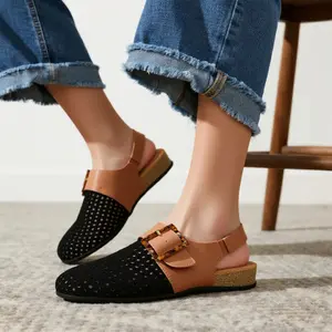 Women's Closed Toe Slingback Flat Sandals Mesh Cork Footbed Arch Support Footwear with Buckle Velcro Closure Girl Fashion Comfortable Summer Casual Dress Shoes for Daily Wear