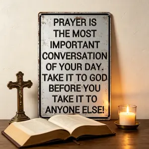 Vintage Aluminium Wall Sign, Christian Religious Metal Art (8x12 in), Home & Church Decor, Prayer Room Gift with "Prayer Is The Most Important Conversation of Your Day" Quote